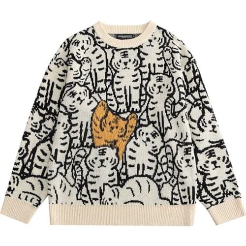 Men Sweater Cartoon Cute Tiger knitted Pullover Sweaters Couple O-Neck Casual Soft College Style Streetwear
