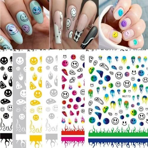 Nail Stickers 6 Colors Abstract Colorful Flame Design Sticky Nail Art Decoration DIY Grimace Smiley Nail Decals 80*103mm