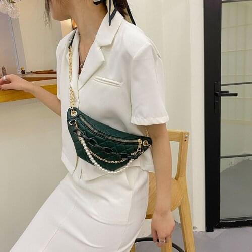2021 NEW Diamond Lattice Womens Chest Pack Brand Pearl Handbag Thick Chain Shoulder Crossbody Bag Casual Waist Bag Female Purse
