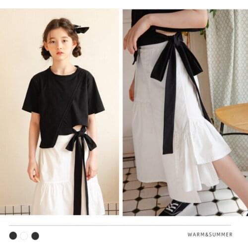 Girls Outfits 2021 New Kids Clothes Set Children Shirt and Skirt with Lining Cotton Teen Summer Suit Big Bow Fashion,#6090