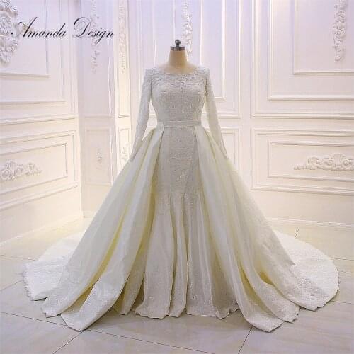 Amanda Design vestidos novias boda Long Sleeve Lace Muslim Wedding Dress with Removable Skirt