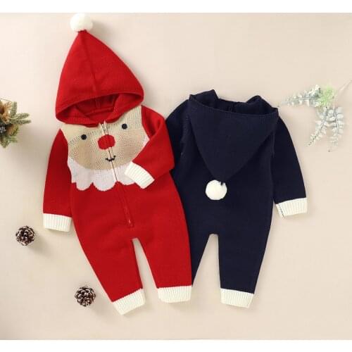 FOCUSNORM Christmas Baby Girls Boys Lovely Romper Knit Long Sleeve Zipper Hooded Printed Sweater Jumpsuits 0-18M