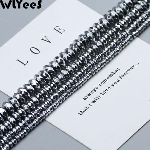 WLYeeS Plating Silver Hematite beads faceted Flat Round natural Stone 3 4 6 8 10mm Loose beads for DIY Jewelry Bracelet Making