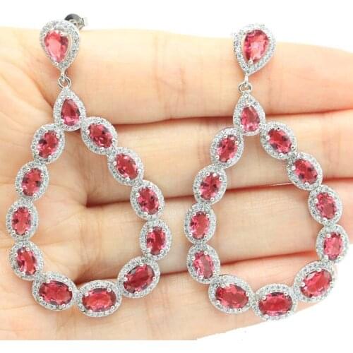 39x14mmDelicate Fine Cut Created Red Blood Ruby London Blue Topaz CZ For Women Dating Fine Jewelry Silver Earrings