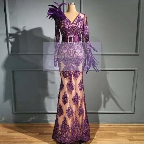 Vintage Purple Mermaid Evening Dresses 2020 Applique Beaded Crystal Long Prom Gowns Elegant Feather Formal Party Dress Dubai