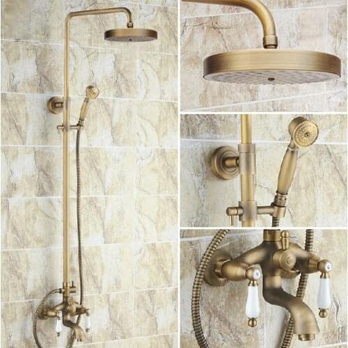Vintage Antique Brass Dual Ceramic Handles Bathroom 7.7 Inch Round Rain Shower Faucet Set Bath Tub Mixer Tap Hand Shower mrs164