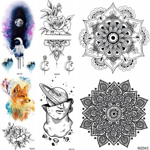 Mandala Flower Temporary Tattoos Realistic Fake Astronaut Fox Planets Tattoos Womens Fahion Body Art Arm Chest Waterproof Tatoo