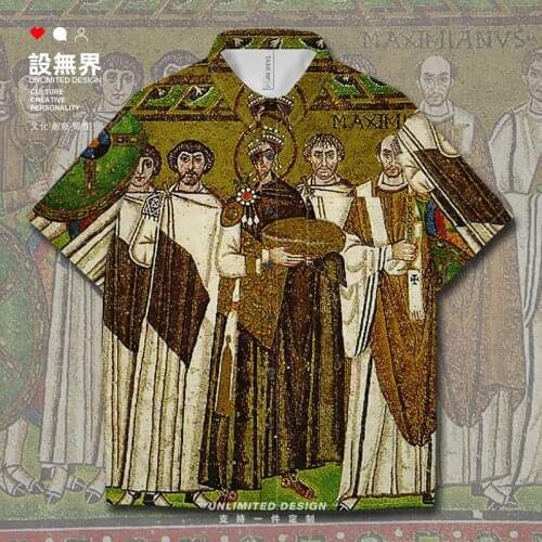 World famous painting Emperor Justinian and His Attendants Fisher man Short-Sleeved shirt collared Oversized Summer Clothes