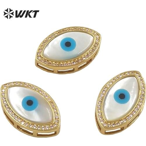 WT-MP203 WKT exclusive fashion 18k real gold plated micropave cubic zircon setting white shel evil eye pendant in horseeye shape