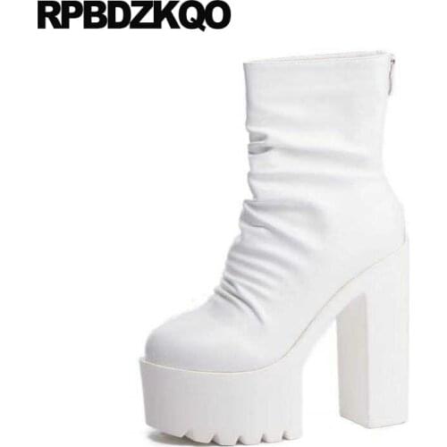 White Women Ankle Boots 2021 Round Toe Platform Winter Shoes Block Fetish Chunky Thick 14cm Ladies Waterproof High Heel Extreme