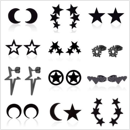 Stainless Steel Star Moon Earrings For Women Girl Crescent Moon Pentagram Ear Stud Everyday Earring Celestial Fashion Jewelry