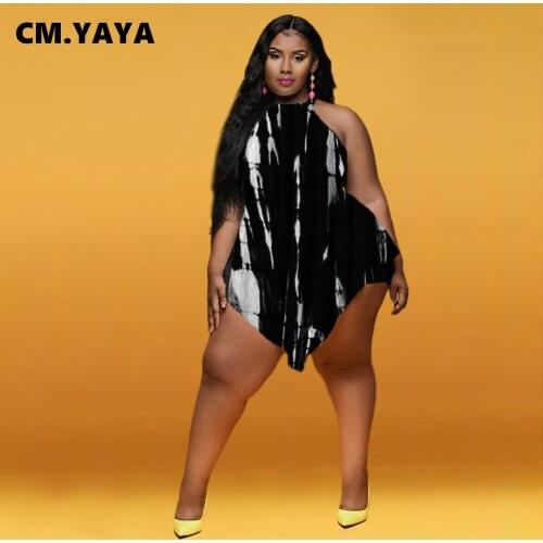 CM.YAYA Women Plus Size Playsuit Tie Dye Sleeveless O-neck Loose Stretchy Playsuits Casual Rompers One Piece Overalls Summer