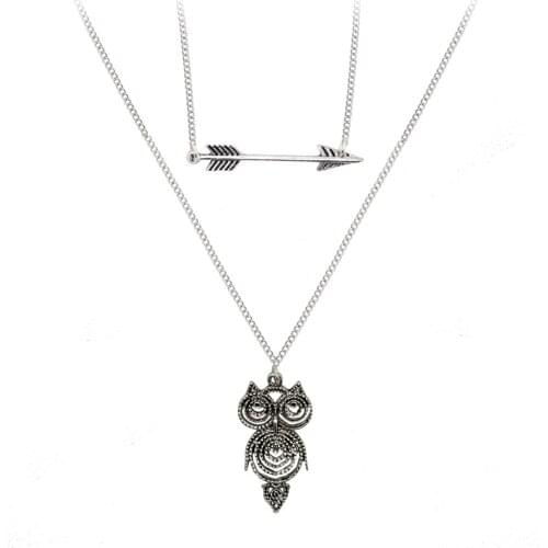 2020 Fashion Punk Silver Color Double Layer Owl Arrow Pendant Necklaces for Women Girl Vintage Long Simple Necklace Jewelry Gift