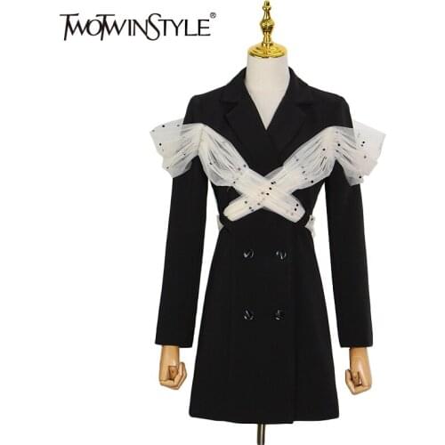 TWOTWINSTYLE Temperament Patchwork Dot Mesh Dress For Women Notched Long Sleeve High Waist Hollow Out Mini Dresses Female New