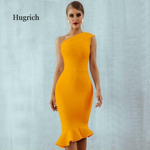 2021 New Summer Women Bandage Dress Sexy One Shoulder Sleeveless Ruffles Nightclub Celebrity Evening Party Mermaid Dresses