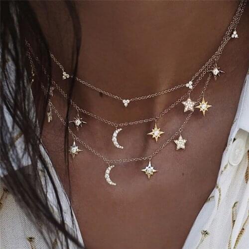 New 2020 Boho Fashion Crystal Pendant Necklaces For Women Vintage Gold Sun Moon Stars Necklace Multilayer Female Jewelry Gift
