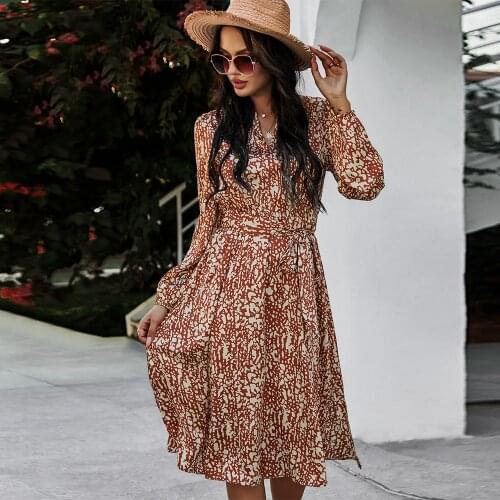 Deenor Spring Summer Vintage Print Dress Elegant Long Sleeve V Neck Midi Dress Boho Beach Evening Party Vestidos Women Sundress