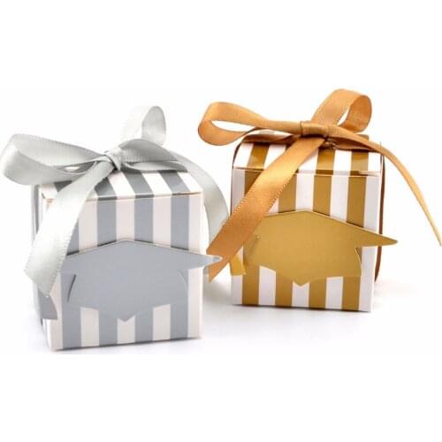 100pcs Gold / Silver Striped Graduation Cap Square Wedding Favor Boxes/Candy Boxes, Chocolate Box Graduation Show Souvenir gift