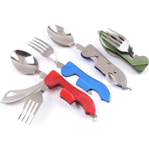 A20 New outdoor camping multi-function disassembly tableware can be hung keychain fork spoon Bottle opener Combination tableware