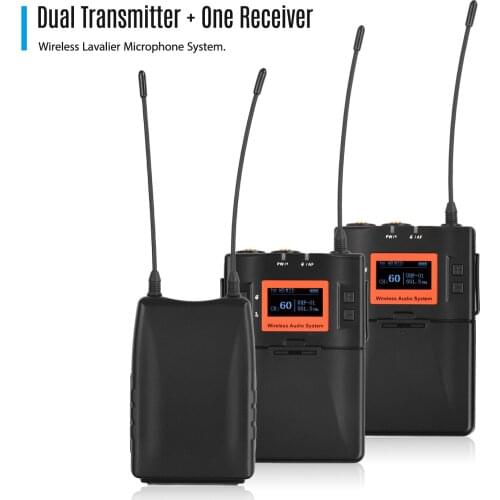 Wireless Lavalier Microphone UHF 60-channels Dual Transmitters One Receiver for DSLR Camera Smartphone Interview Recording Mic