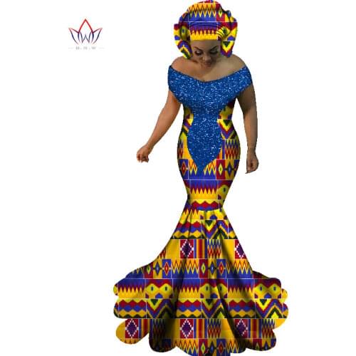 Bintarealwax African Dresses for Women Sexy Slash Neck Long Dresses Bazin Riche African Print Mermaid Clothing Plus Size WY1860