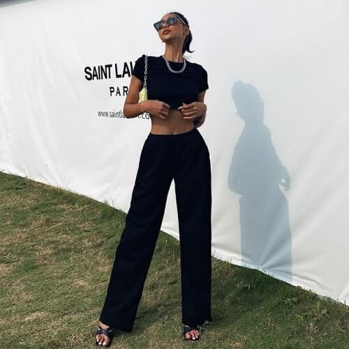 Fashion Ribbed Knit Elastic Waist Pants Women Casual 2020 Summer Streetwear Elegant Solid Color Side Pocket Wide Leg Trousers