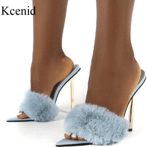 Kcenid Peep Toe Mules Rabbit Fur Slip On Blue Pink Metal High Heels Slippers Sandals Big Size 35-42 Summer Party Shoes Slides