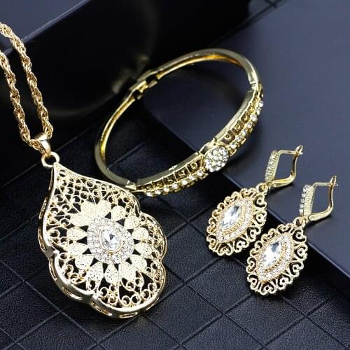 Neovisson Ethnic Gold Color Africa Bride 3Pcs Jewelry Sets Drop Earring Pendant Necklace Bangle Algerian Wedding Gift