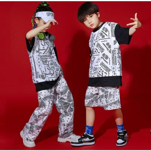 Fashion Printed Hip Hop Costume Children Summer Short Sleeve Tops Girls Hip-Hop Pants Jazz Performance Dance Clothing BL6155
