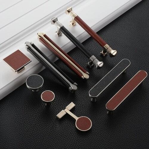 Leather Handle Wardrobe Drawer Pulls Door Knob Brown Black Cupboard Furniture Cabinet Zinc Alloy Knobs Handles Hardware
