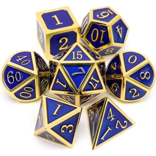 Metal DND Dice Set 7 Die Gold Blue Metal D&D Dice for Dungeons and Dragons Games-Glossy Enamel Dice Dnd Dice Sets D20