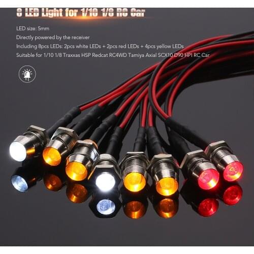 8 LED Light Kit 2 White 2 Red 4 Yellow for 1/10 1/8 Traxxas HSP Redcat RC4WD Tamiya Axial SCX10 D90 HPI RC Car