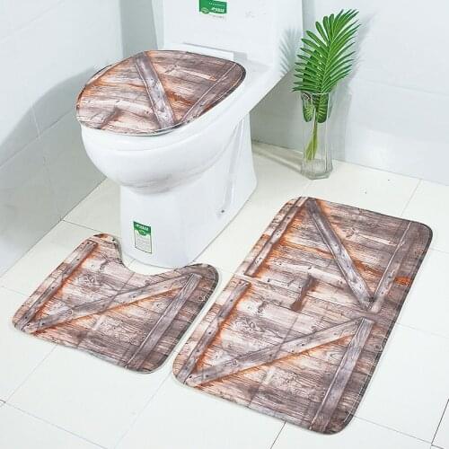 Non-Slip Flannel Bathroom Carpet Three-Piece Toilet Floor Mat Set with Retro Wood door printing Toilet Cover and floor Rugs
