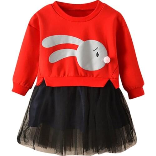 Lovely Cartoon Rabbit Girls Dress Spring Casual Style Lace Mesh Splicing Dresses For Girl Kids Clothes Children Birthday Present