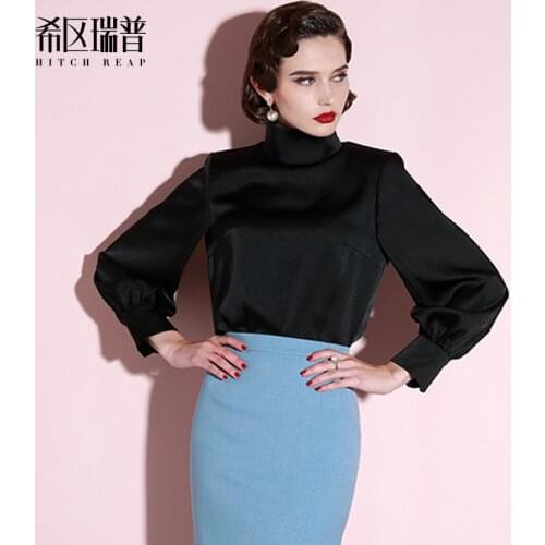High End Satin Lantern Sleeve High Collar Shirt Career Top 2021 Spring And Autumn Black And White Ol Shirt