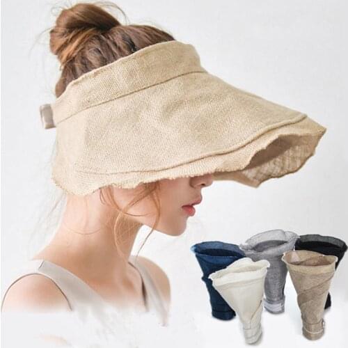 Womens Summer Hat Sun Visor Wavy Edge Empty Top Wide Brim Hat Foldable Sun Protection Cap Female Sun Hats Beach Hat Cotton Hat