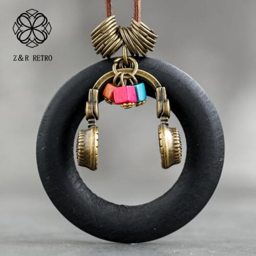 Antique Headset Big Necklace Jewelry For Women Wooden Round Necklaces & Pendants Handmade Long Suspension Accessories Wholesale
