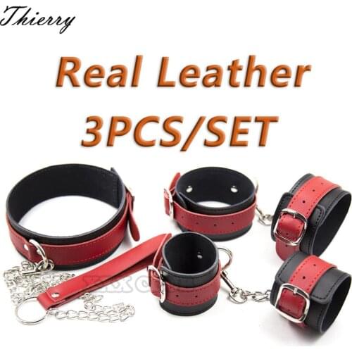 Thierry 3pcs/Set Leather Sex toys Bondage Restraint, Collar Wrists cuffs Ankles cuffs, sex products for couples SM game
