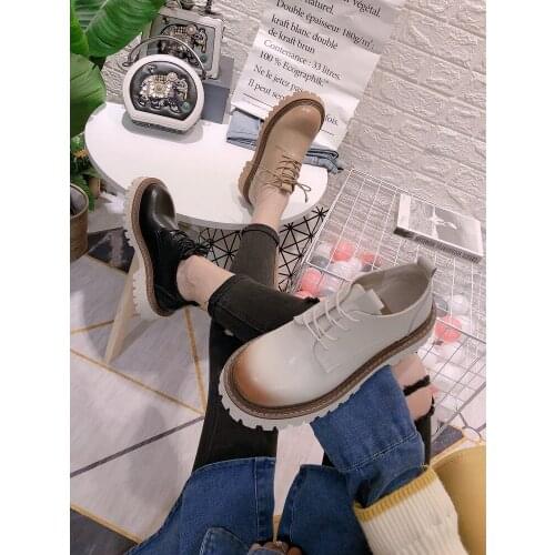 Spring and Autumn New Korean Style Round Toe Platform Lace-up Womens Shoes British Style Slope Heel Low-Top Small Leather Shoes