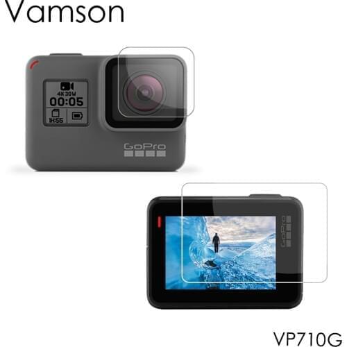 Vamson for Go Pro Ultra Clear Tempered Glass Screen Protector + Lens Protector Scratch-proof for GoPro Hero 7 6 5Black VP710G