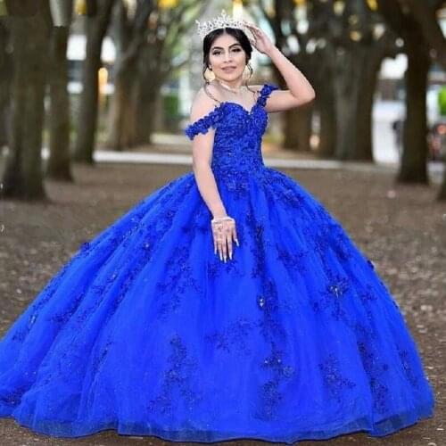 Gorgeous Sweet 16 Royal Blue Quinceanera Dresses Lace Applique V Neck Ball Gown Prom Dress Tulle Tiered Masquerade Gowns
