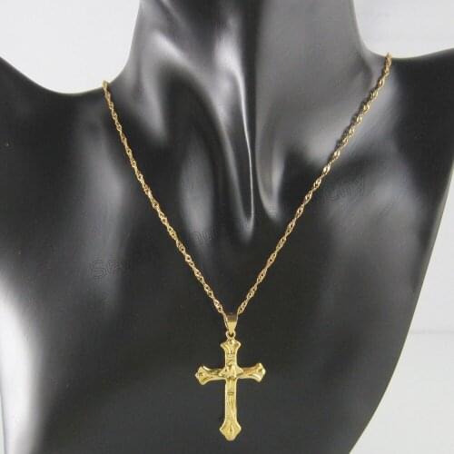 Order 10$ get free shipping /NEW-YELLOW GOLD GP OVERLAY 18" NECKLACE & JESUS CROSS SYMBOL MEDIUM RELIGIOUS CARVED PATERN PENDANT