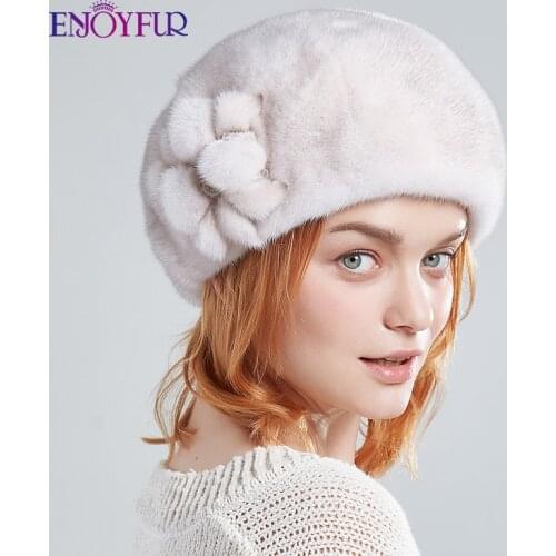 ENJOYFUR Women whole mink fur winter hats real mink fur berets warm genuine fur caps with flower new brand female hat