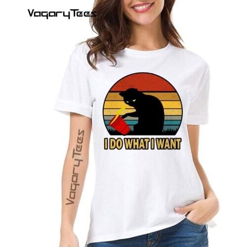 Cat Lover Tshirt I Do What I Want Funny Vintage Cat, Retro Funny Black Catprint Women Funny T Shirt Femme Camisetas Verano Mujer