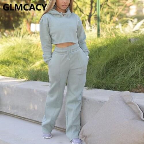 Women Two Piece Casual Tracksuit Long Sleeve Hooded Crop Top Sweatshirt & Slim Jogger Pants Set