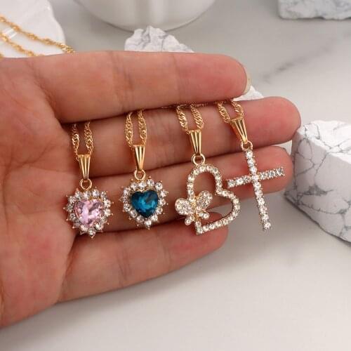 Flatfoosie Multi-layer Shiny Heart Crystal Pendant Necklace for Women Gold Color Cross Clavicle Chain Necklaces Trendy Jewelry