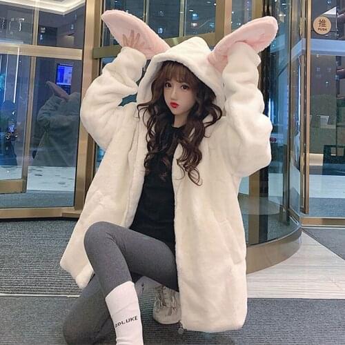 Women Fashion Autumn Winter Cute Rabbit Coats Long Sleeve Hooded Woolen Thick Jacket Sweet Girl Black White Warm Plush Coat