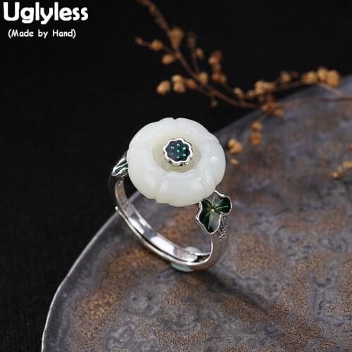 Uglyless Real Solid 925 Sterling Silver Vintage Ethnic Enamel Lotus Leaf Rings for Women Natural Jade Flower Open Finger Ring