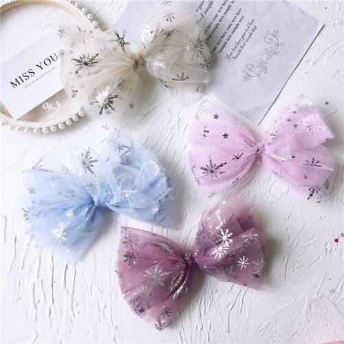 5pcs/lot 10*15cm DIY handmade snowflake netting bow Appliques For clothes DIY Childrens hair Clip Hat crafts patches