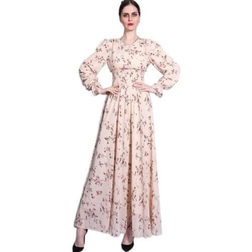 Abaya Floral Print Long Dress Muslim Women Chiffon Spring Summer Arabic Turkish Chiffon Maxi Robe Gown Fashion A-line Vestido